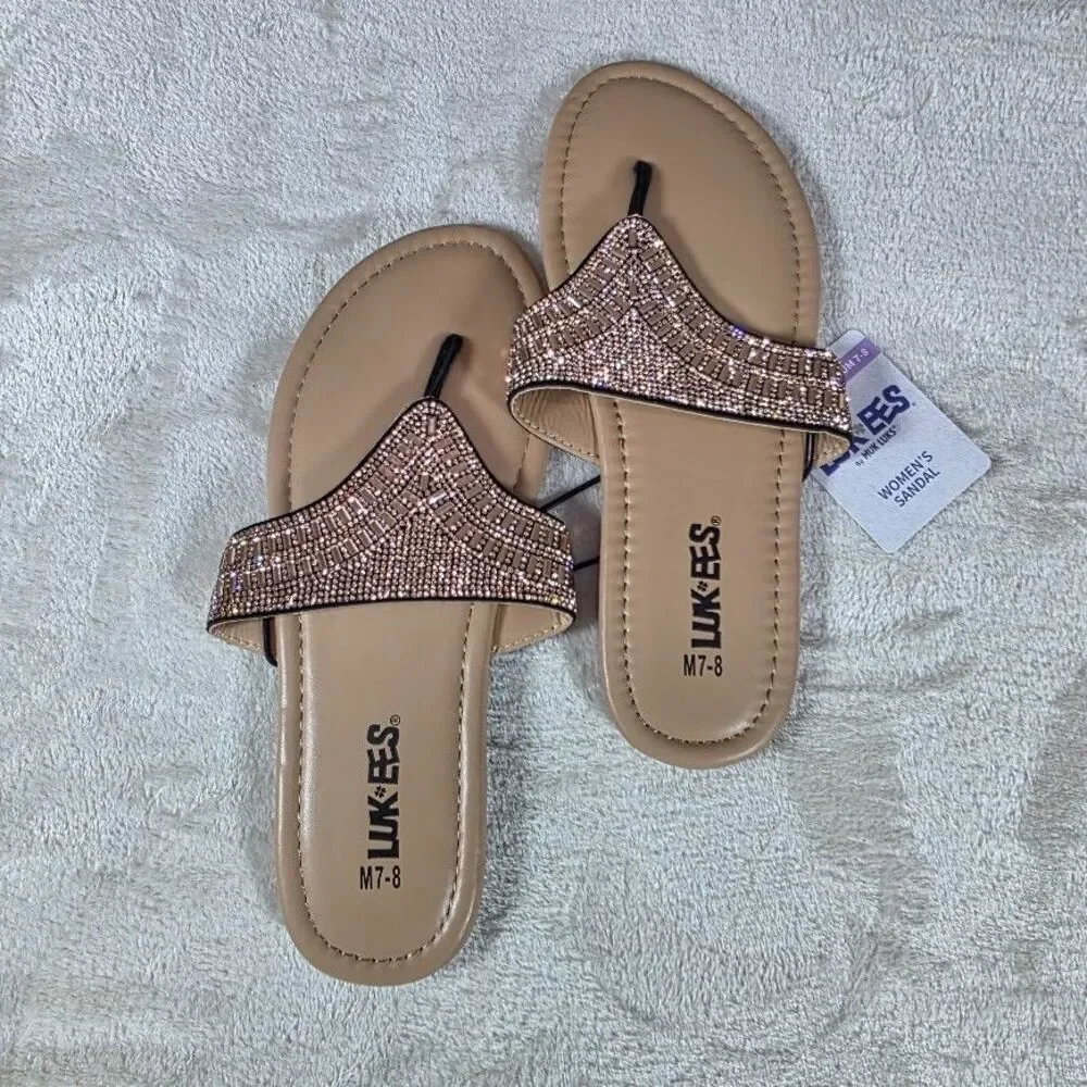 Muk Luks Luk*ees Pink Rose Gold Beaded Thong Sandal M 7/8 Beach Cruise Vacay NWT - Picture 2 of 6